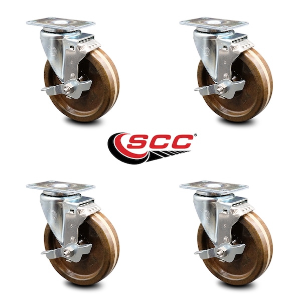 5 Inch High Temp Phenolic Wheel Swivel Top Plate Caster Set With Brake SCC